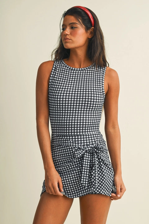 Gingham Print Sleeveless Wrap Tie Front Dress
