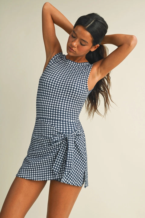 Gingham Print Sleeveless Wrap Tie Front Dress