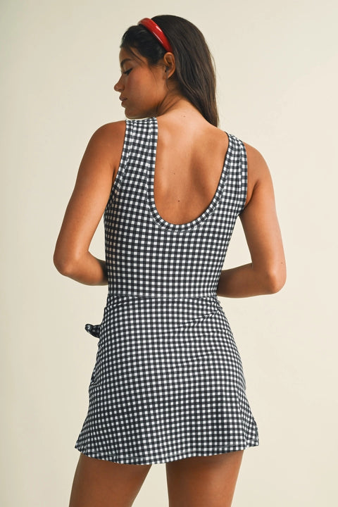 Gingham Print Sleeveless Wrap Tie Front Dress