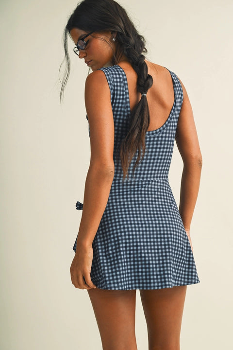 Gingham Print Sleeveless Wrap Tie Front Dress