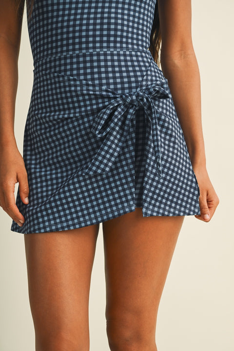 Gingham Print Sleeveless Wrap Tie Front Dress