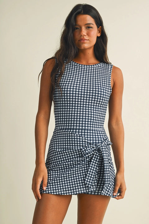 Gingham Print Sleeveless Wrap Tie Front Dress