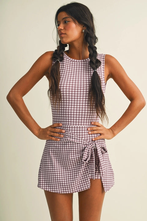Gingham Print Sleeveless Wrap Tie Front Dress