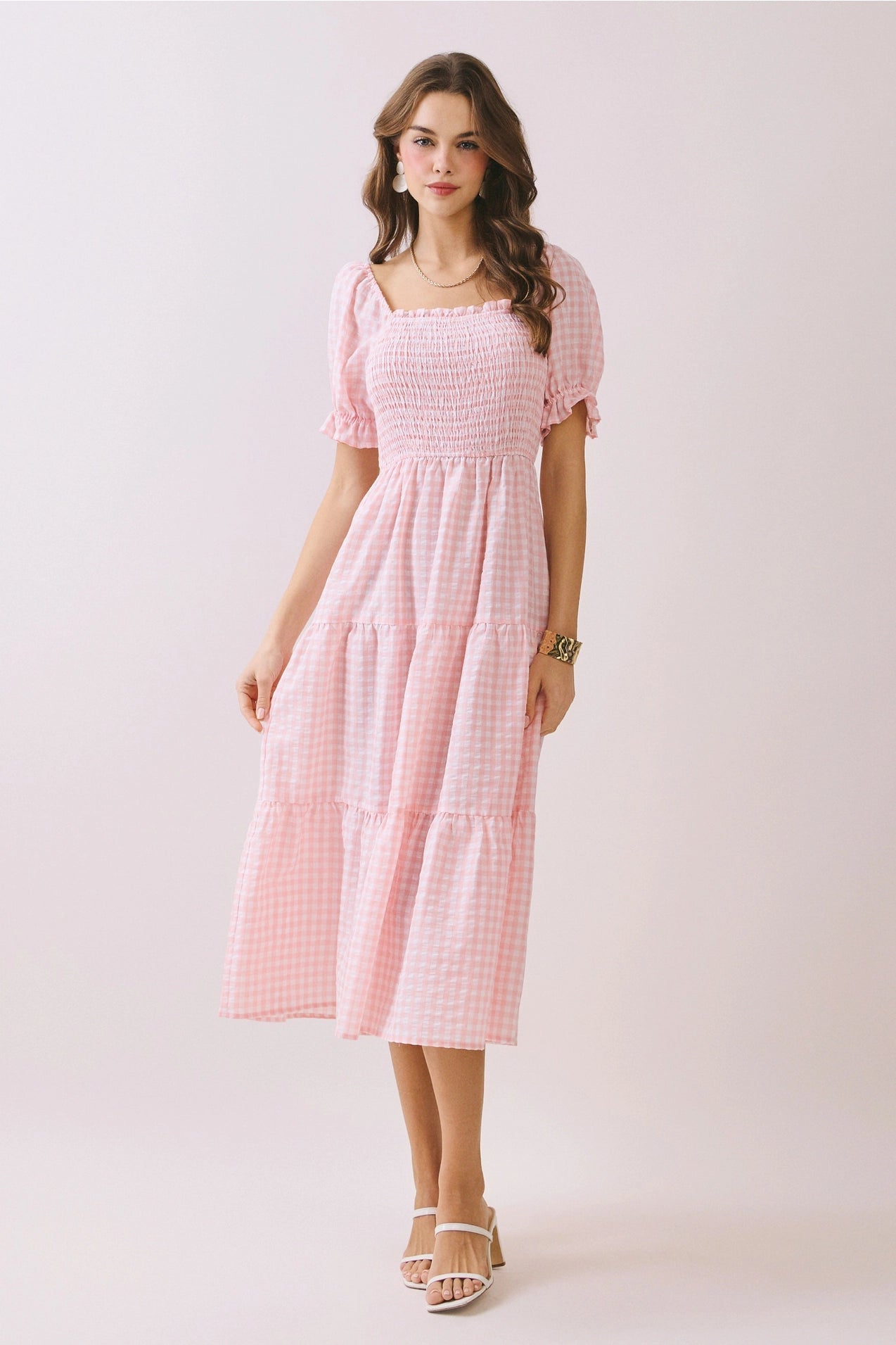 Gingham Print Smocked Bodice Puff Sleeves Dress
