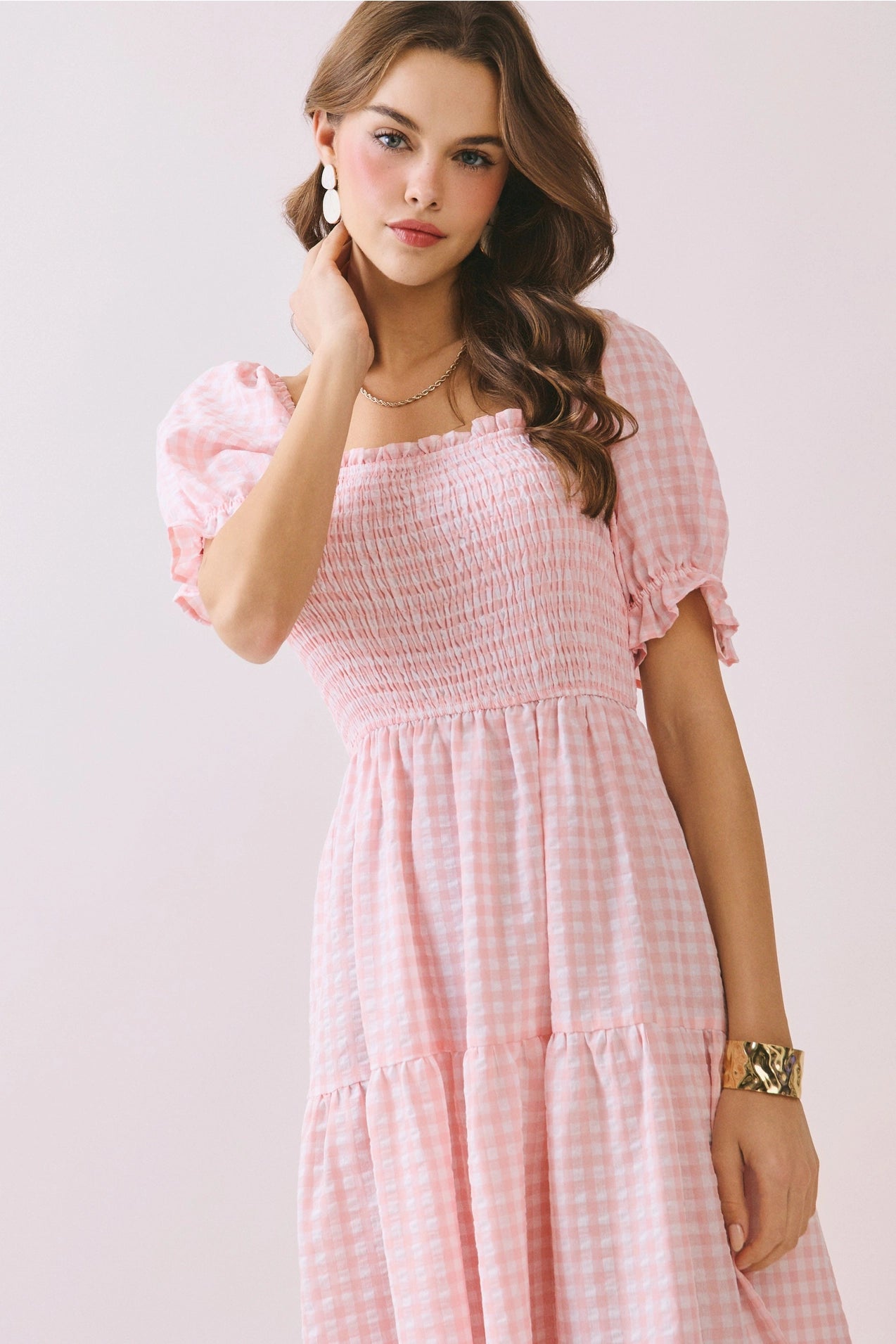 Gingham Print Smocked Bodice Puff Sleeves Dress