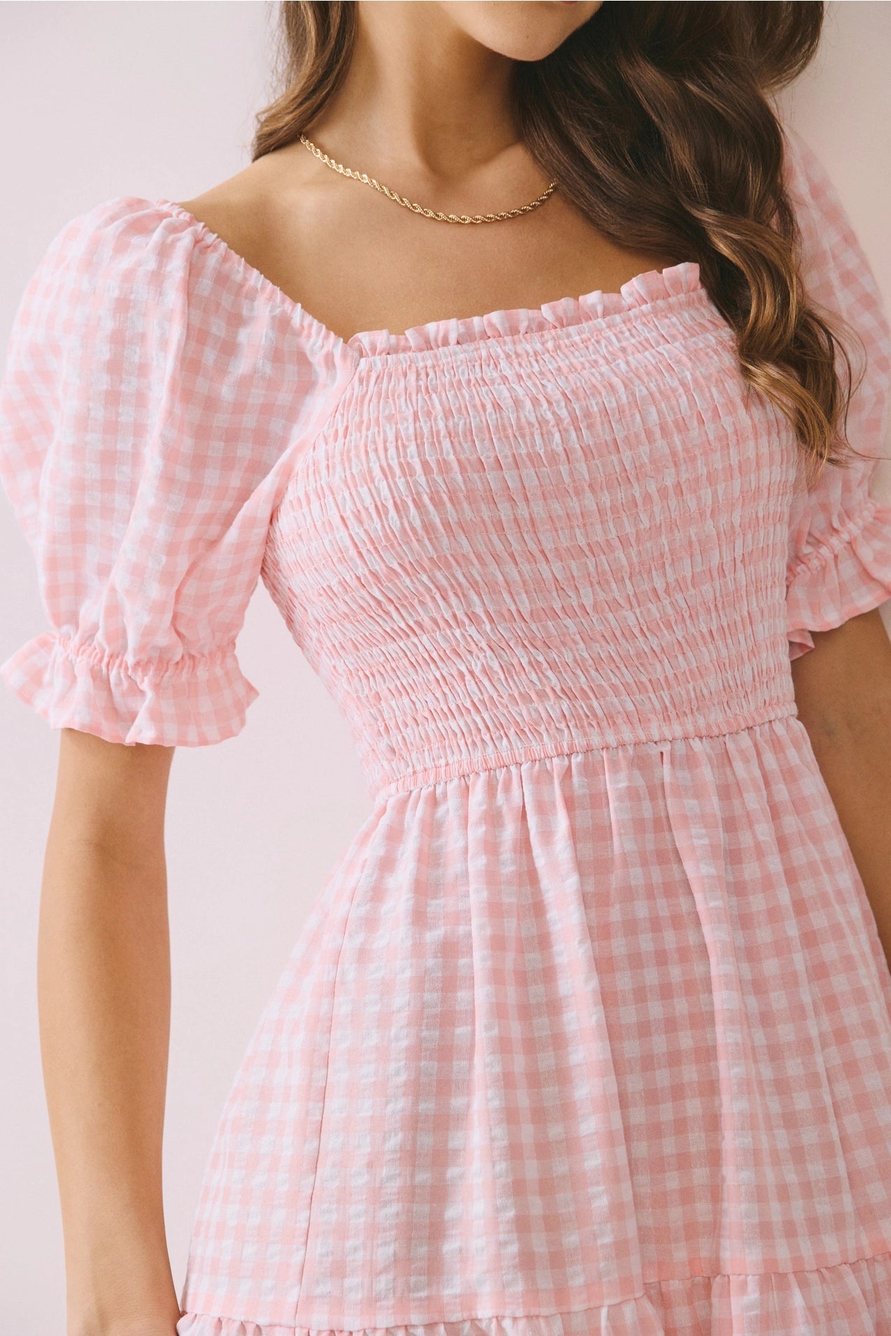 Gingham Print Smocked Bodice Puff Sleeves Dress