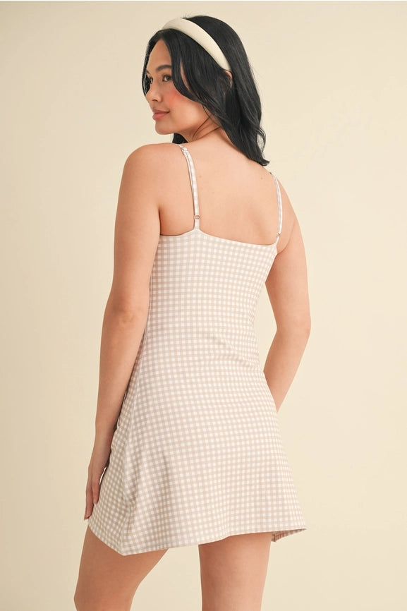 Gingham Print Sweetheart Dress Beige Gingham-Dress-KIMBERLY C-S-Beige Gingham-Urbanheer
