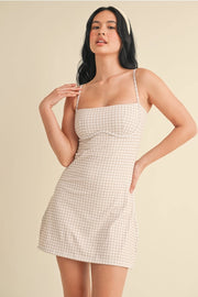 Gingham Print Sweetheart Dress Beige Gingham-Dress-KIMBERLY C-S-Beige Gingham-Urbanheer