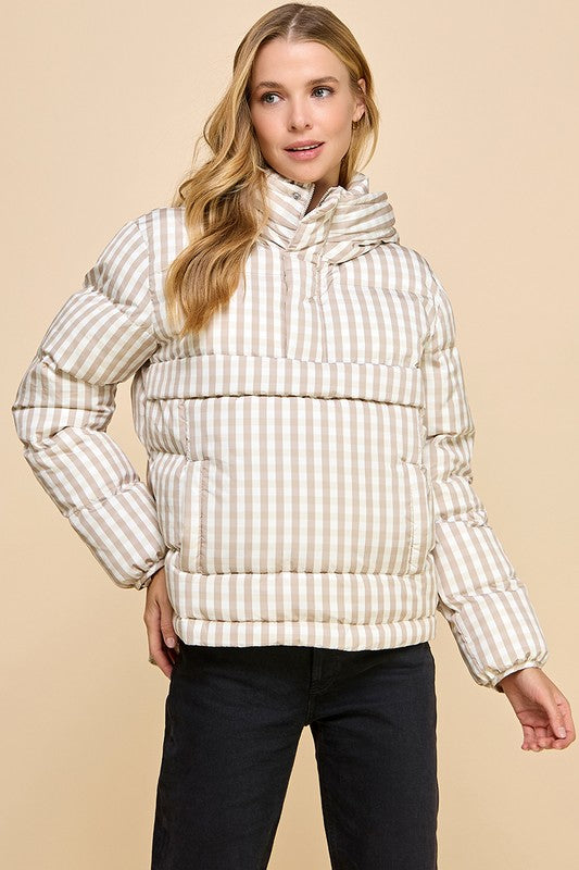 Gingham Pull Over Puffer Jacket-Puffer Jacket-TCEC-S-Beige-Urbanheer