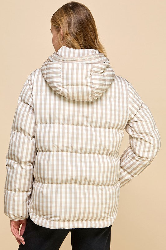 Gingham Pull Over Puffer Jacket-Puffer Jacket-TCEC-S-Beige-Urbanheer