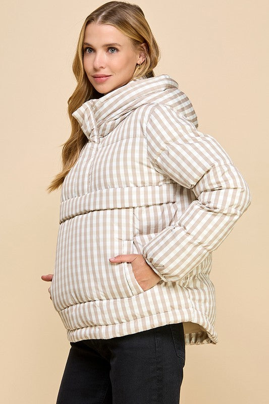 Gingham Pull Over Puffer Jacket-Puffer Jacket-TCEC-S-Beige-Urbanheer