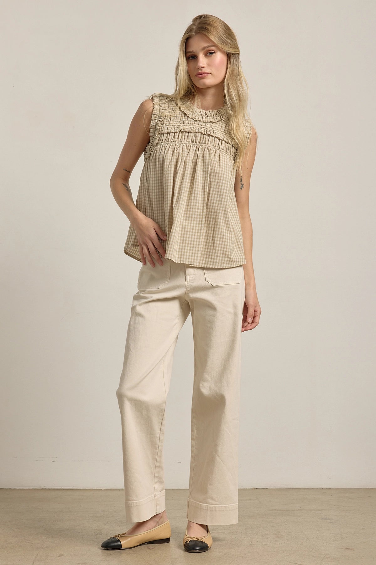 Gingham Ruffle Blouse - Beige
