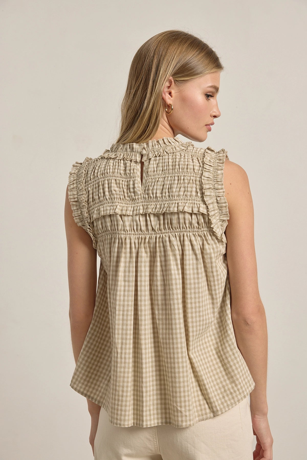 Gingham Ruffle Blouse - Beige
