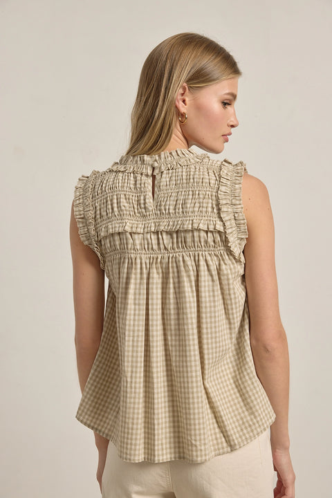 Gingham Ruffle Blouse - Beige