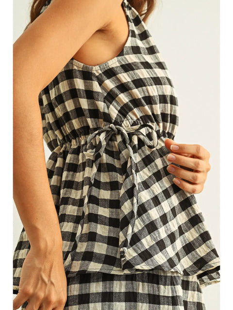 Gingham Sleeveless Elastic Band Waist Top - Black