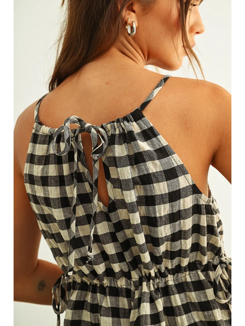 Gingham Sleeveless Elastic Band Waist Top - Black