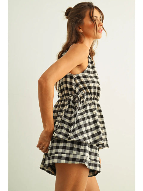 Gingham Sleeveless Elastic Band Waist Top - Black