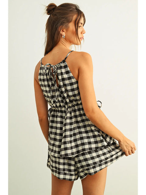Gingham Sleeveless Elastic Band Waist Top - Black