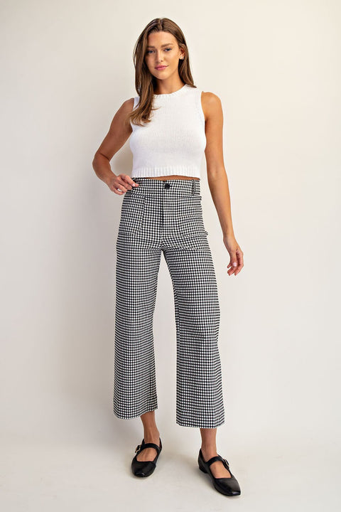Gingham Straight Leg Cropped Pants in Black