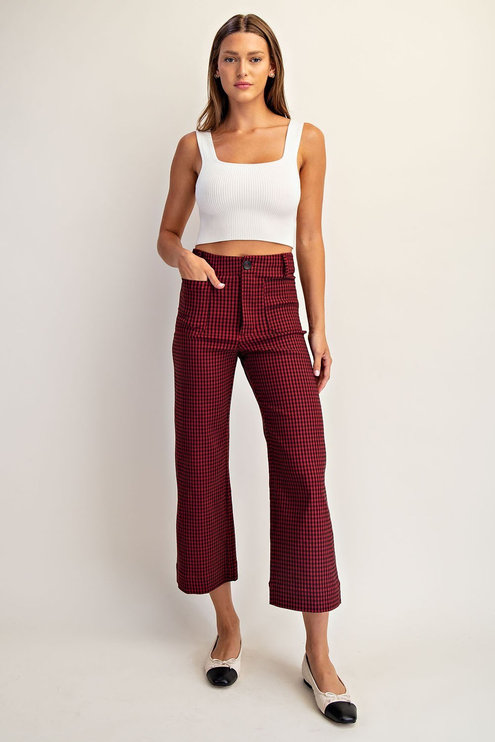 Gingham Straight Leg Cropped Pants in Red