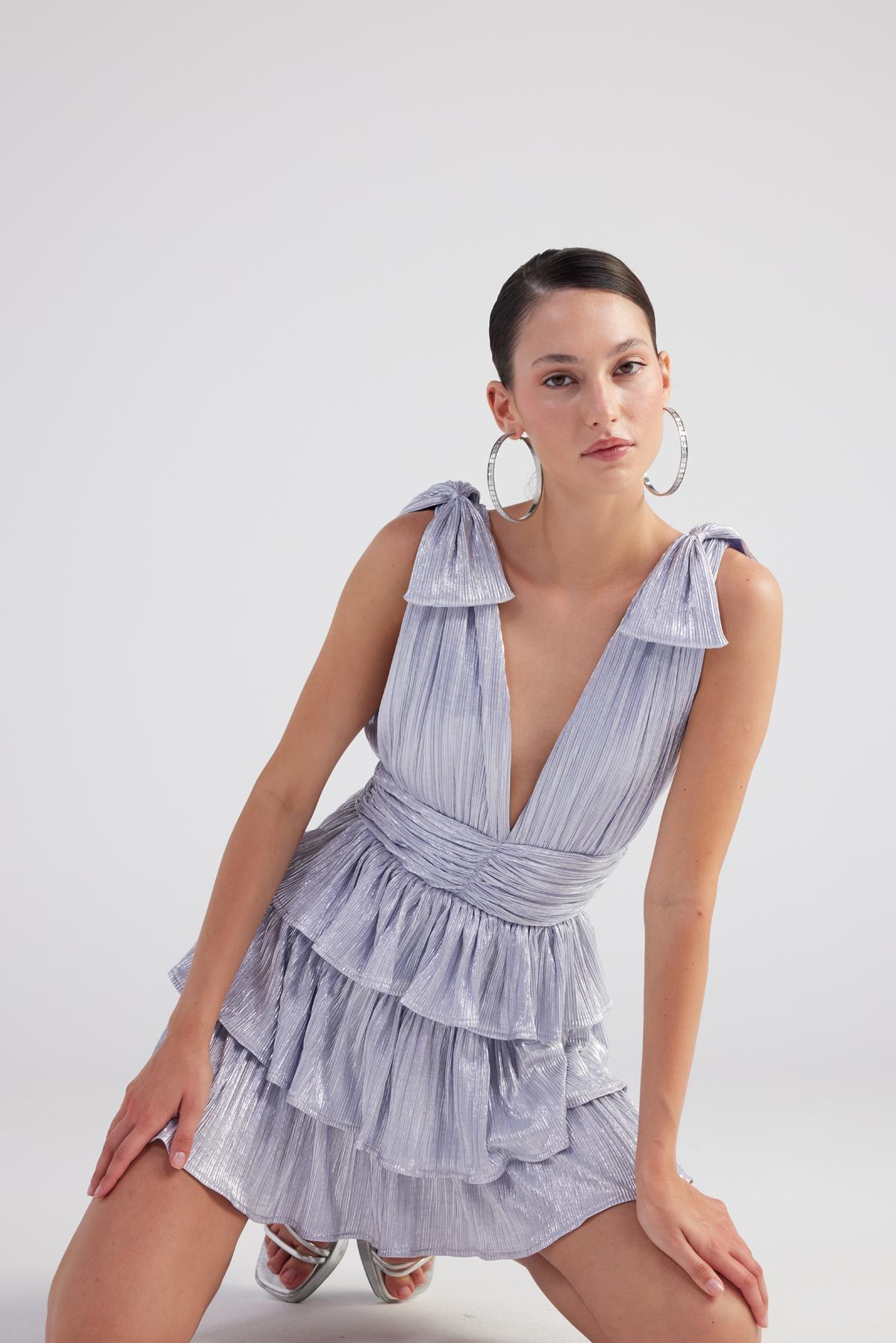 Glare Blue Shiny Pleated Mini Ruffle Dress-Ruffle Dresses-Buy Me Fur Ltd-Blue-S-Polyester - Elastane Blend-Urbanheer