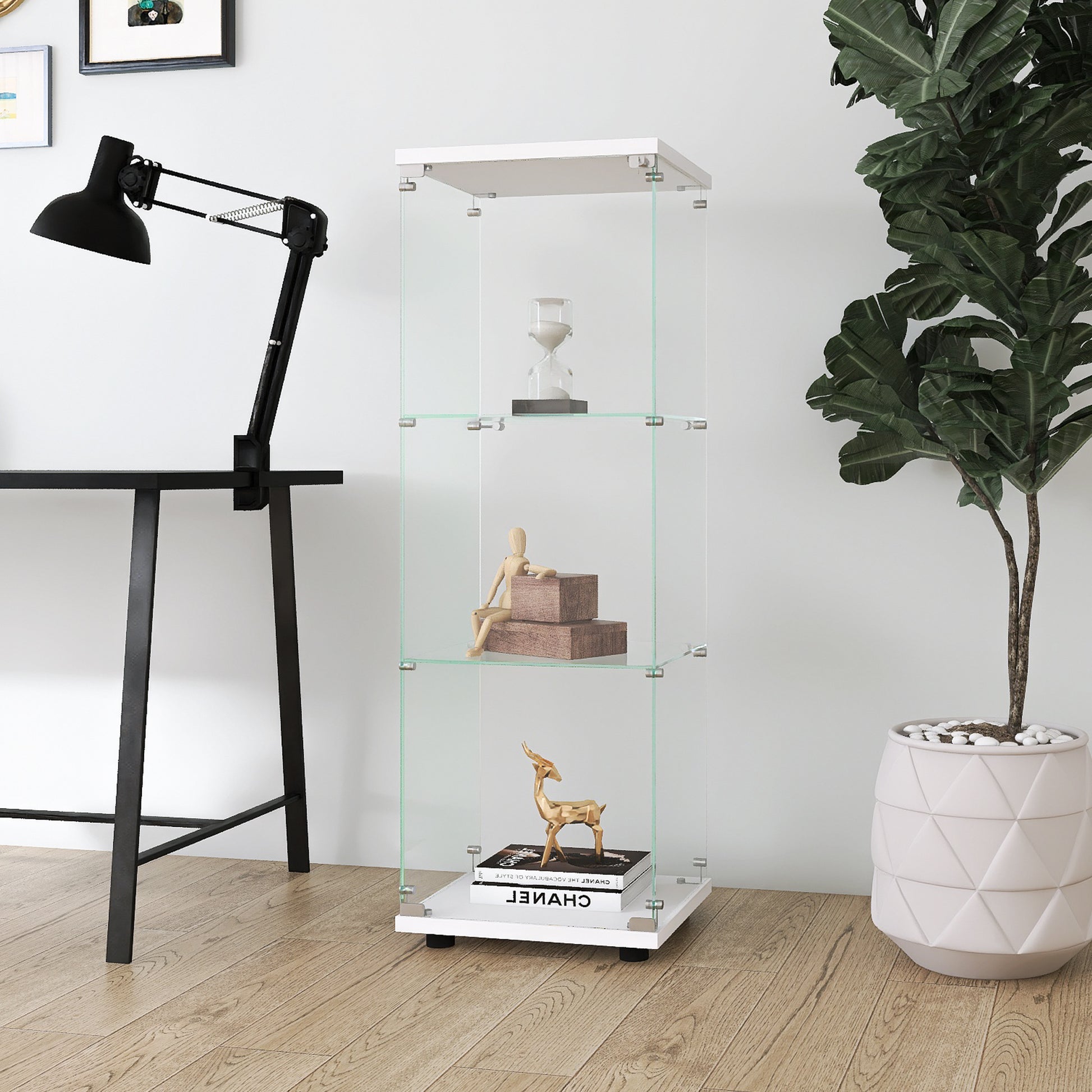 Glass Display Cabinet with 3 Shelves, One-Door Curio Cabinets for Living Room, Bedroom, Office,-UH Decor-Default-Urbanheer