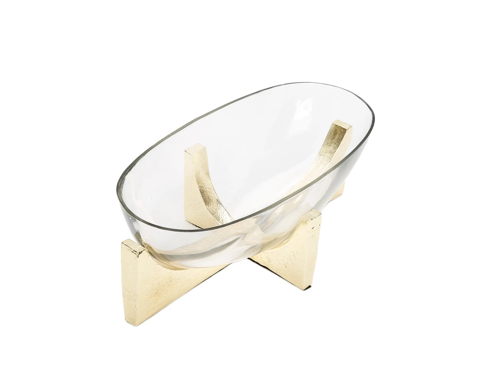 Glass Oval Bowl On Gold Block Base-Bowls-CLASSIC TOUCH DECOR INC.-12 x 5.5 x 4.8 in (30.5 x 14 x 12.2 cm)-Urbanheer