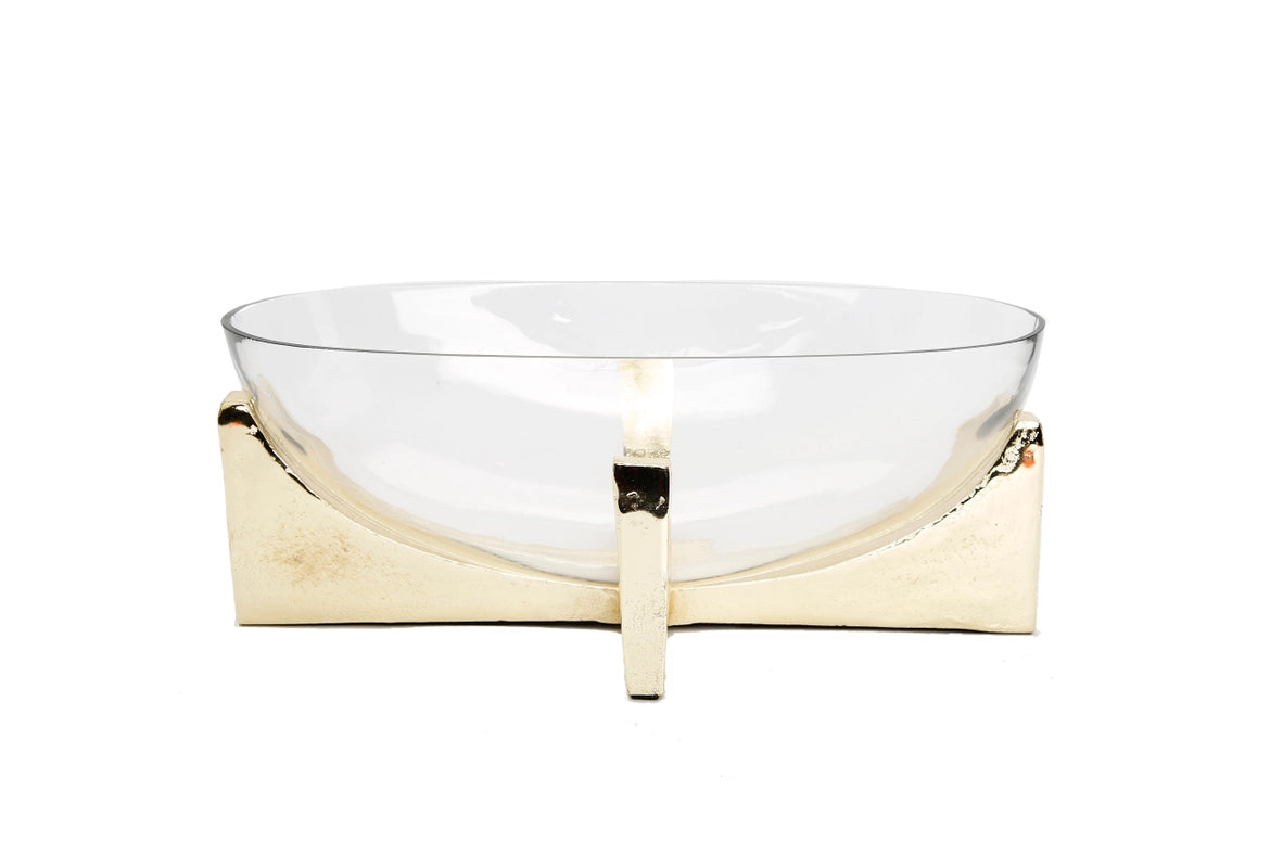 Glass Oval Bowl On Gold Block Base-Bowls-CLASSIC TOUCH DECOR INC.-12 x 5.5 x 4.8 in (30.5 x 14 x 12.2 cm)-Urbanheer