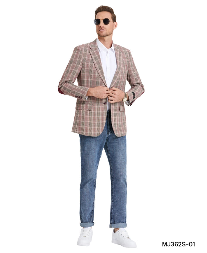 Glen Plaid Sports Coat w/ Elbow Patch, Burgundy Jacket-Blazers-Suits America-XS-Burgundy-Urbanheer
