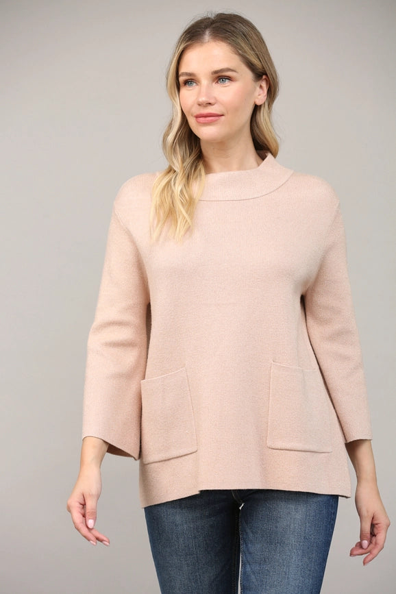 Glitter Yarn Front Pocket Detail Mock Neck Sweater Rose Gold-Sweater-FATE-S-Rose Gold-Urbanheer