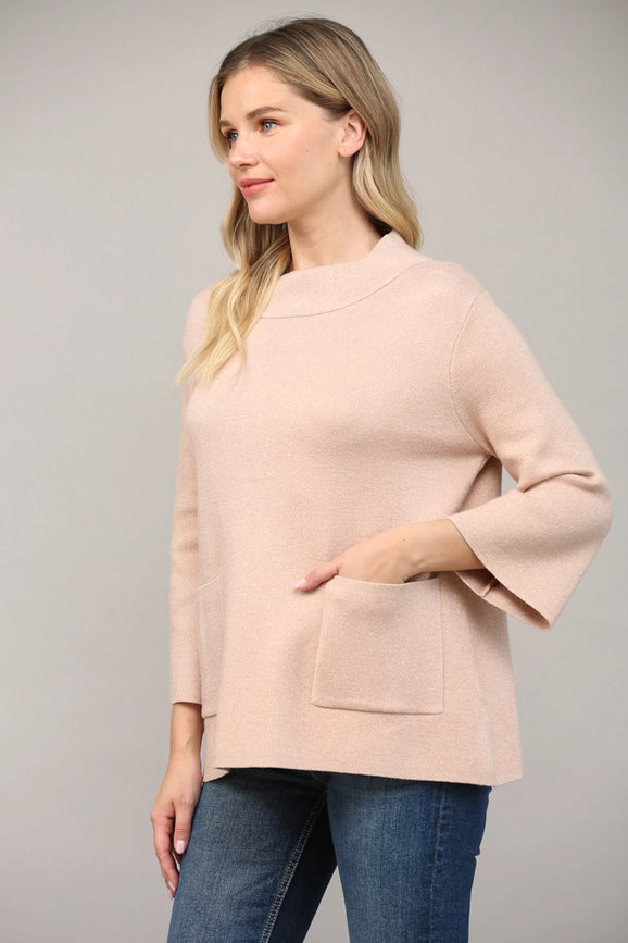 Glitter Yarn Front Pocket Detail Mock Neck Sweater Rose Gold-Sweater-FATE-S-Rose Gold-Urbanheer