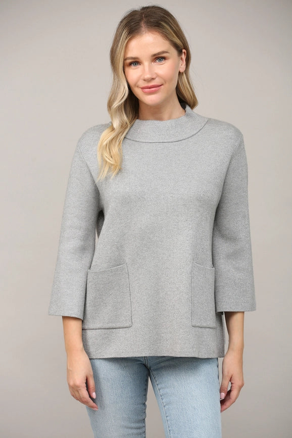 Glitter Yarn Front Pocket Detail Mock Neck Sweater Silver-Sweater-FATE-S-Silver-Urbanheer