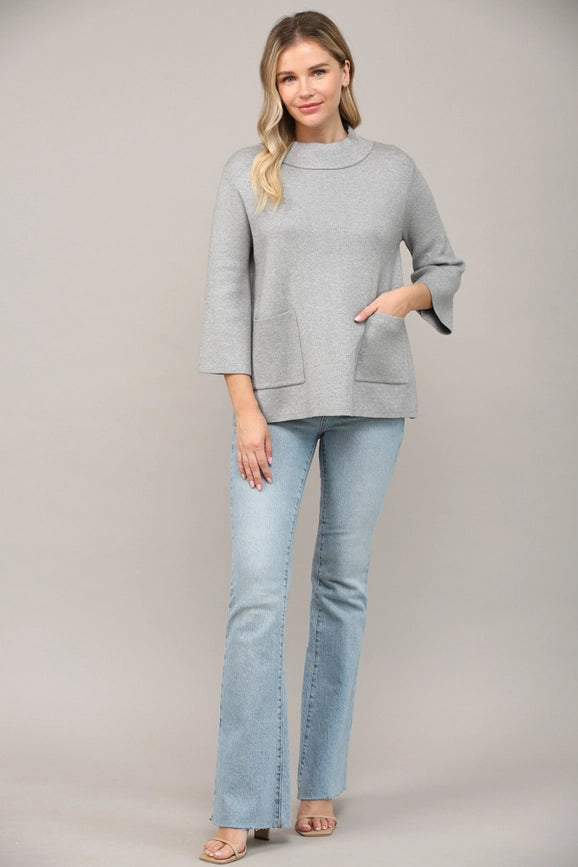Glitter Yarn Front Pocket Detail Mock Neck Sweater Silver-Sweater-FATE-S-Silver-Urbanheer