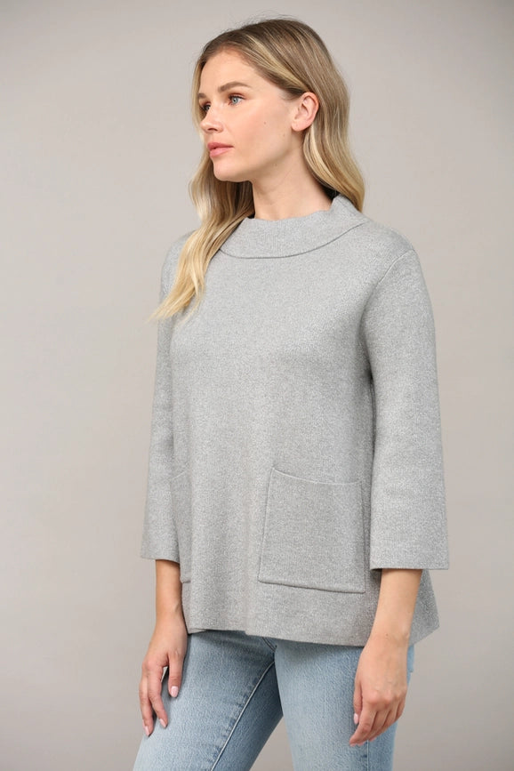 Glitter Yarn Front Pocket Detail Mock Neck Sweater Silver-Sweater-FATE-S-Silver-Urbanheer