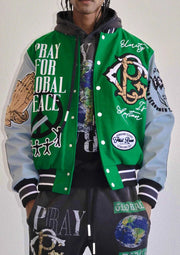 Global Peace Multi Patches Varsity Jacket-Jacket-First Row-S-Green-Urbanheer