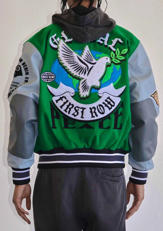 Global Peace Multi Patches Varsity Jacket-Jacket-First Row-S-Green-Urbanheer