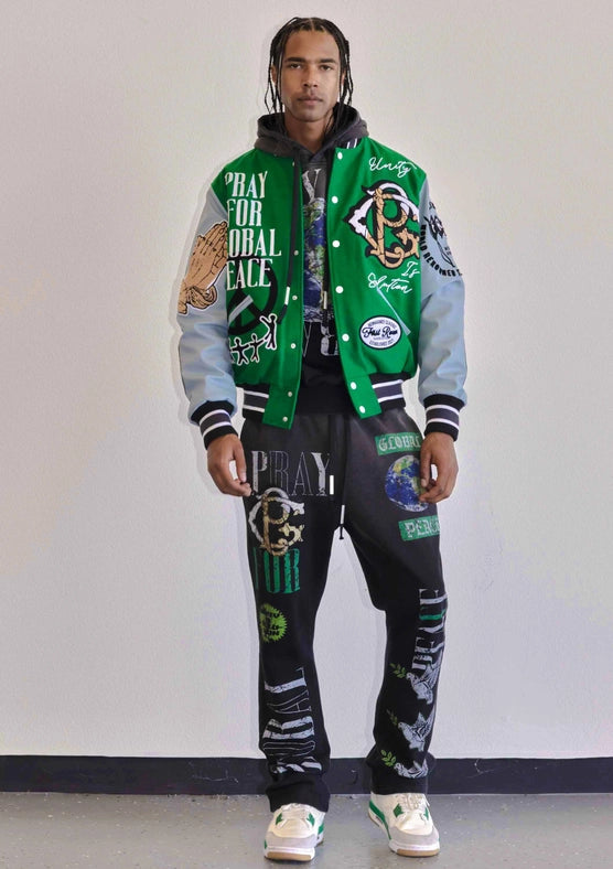 Global Peace Multi Patches Varsity Jacket-Jacket-First Row-S-Green-Urbanheer