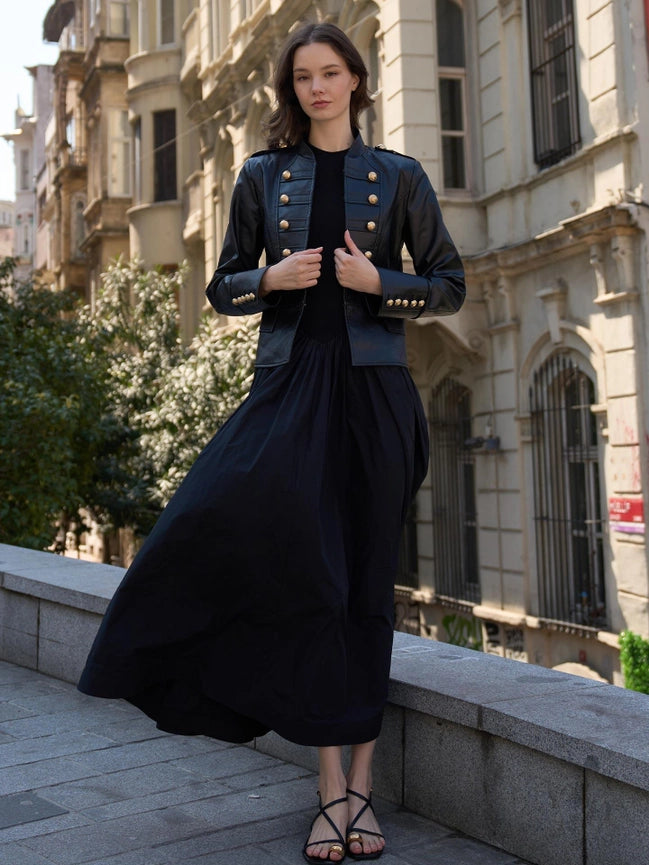 Gold Button Detailed Leather Jacket Black-Jacket-JUSTE-36-Black-Urbanheer