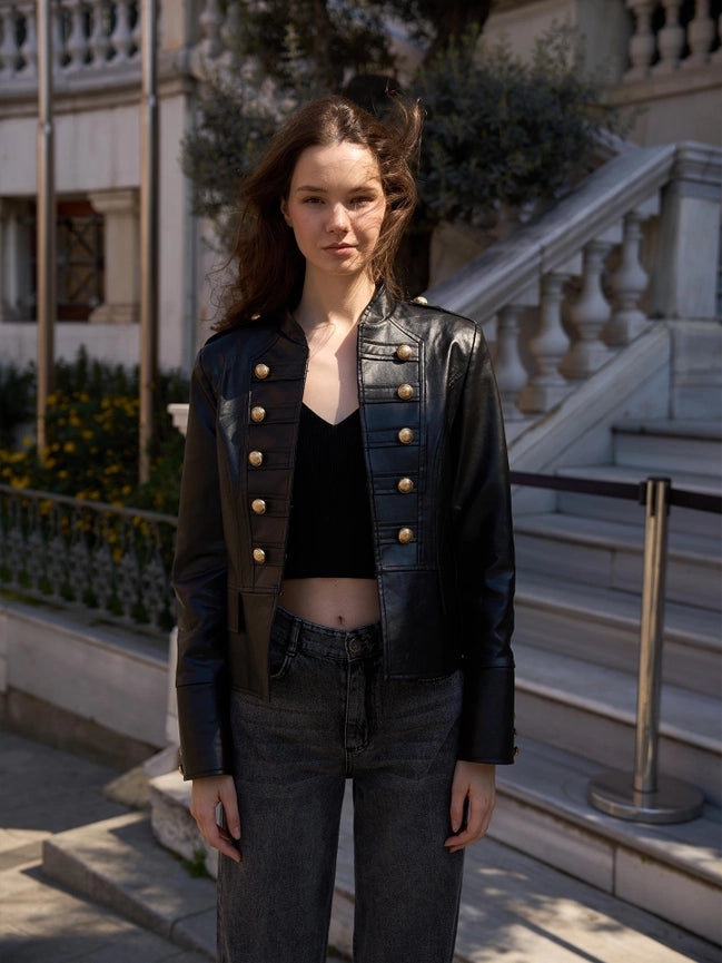 Gold Button Detailed Leather Jacket Black-Jacket-JUSTE-36-Black-Urbanheer