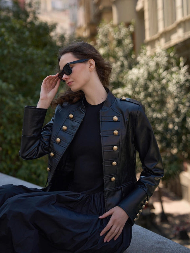 Gold Button Detailed Leather Jacket Black-Jacket-JUSTE-36-Black-Urbanheer