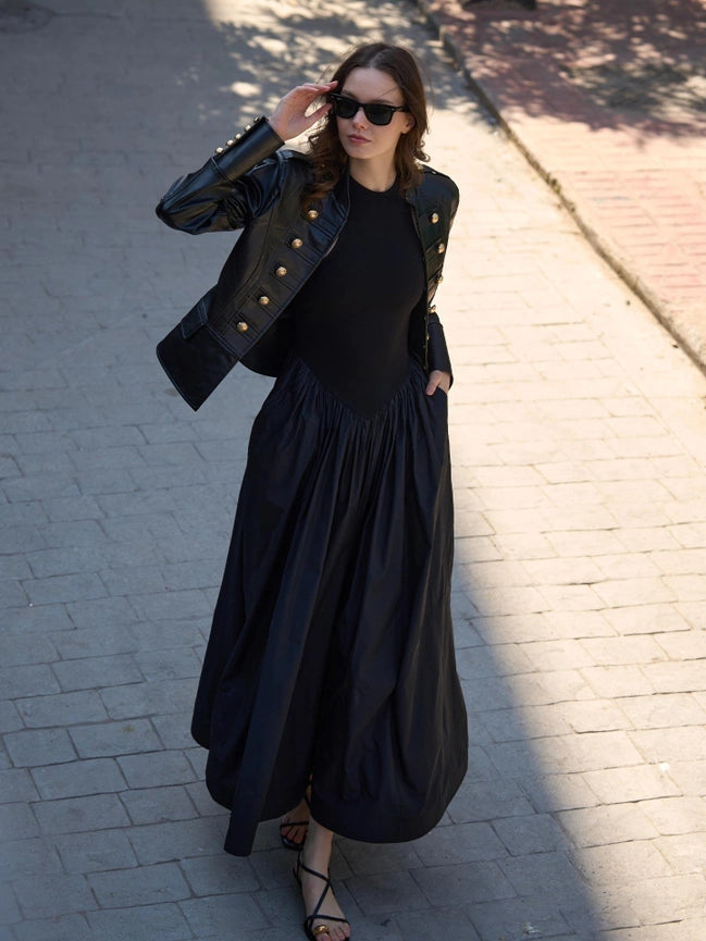 Gold Button Detailed Leather Jacket Black-Jacket-JUSTE-36-Black-Urbanheer