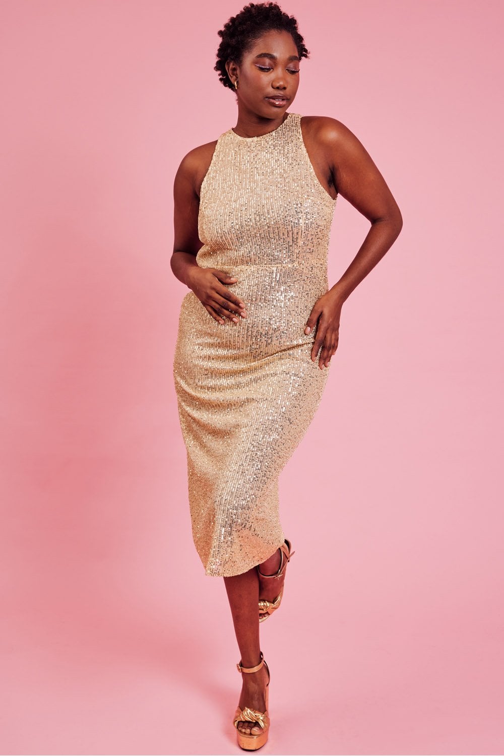 Gold Sequin Lightweight Curve Size Maxi Sheath Dress-Sheath Dresses-Buy Me Fur Ltd-Gold-Curve-Bamboo - Elastane - Viscose Blend-Urbanheer