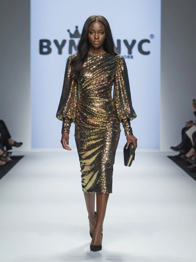 Gold Sequin Midi Party Dress Meatpacking District: Prêt-À-Porter Line Bymanyc ® New York