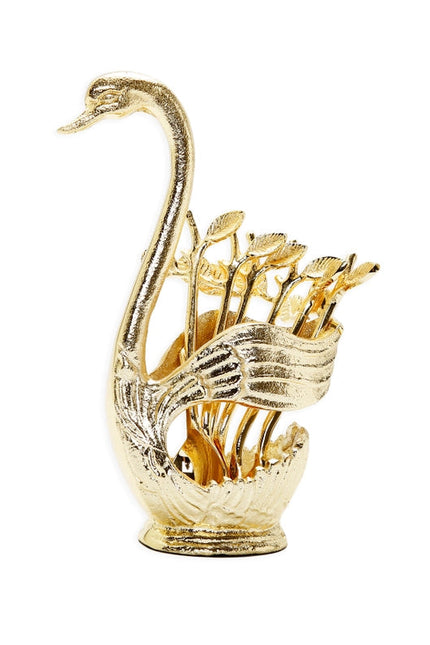 Gold Swan Dessert Spoon Holder With 6 Spoons