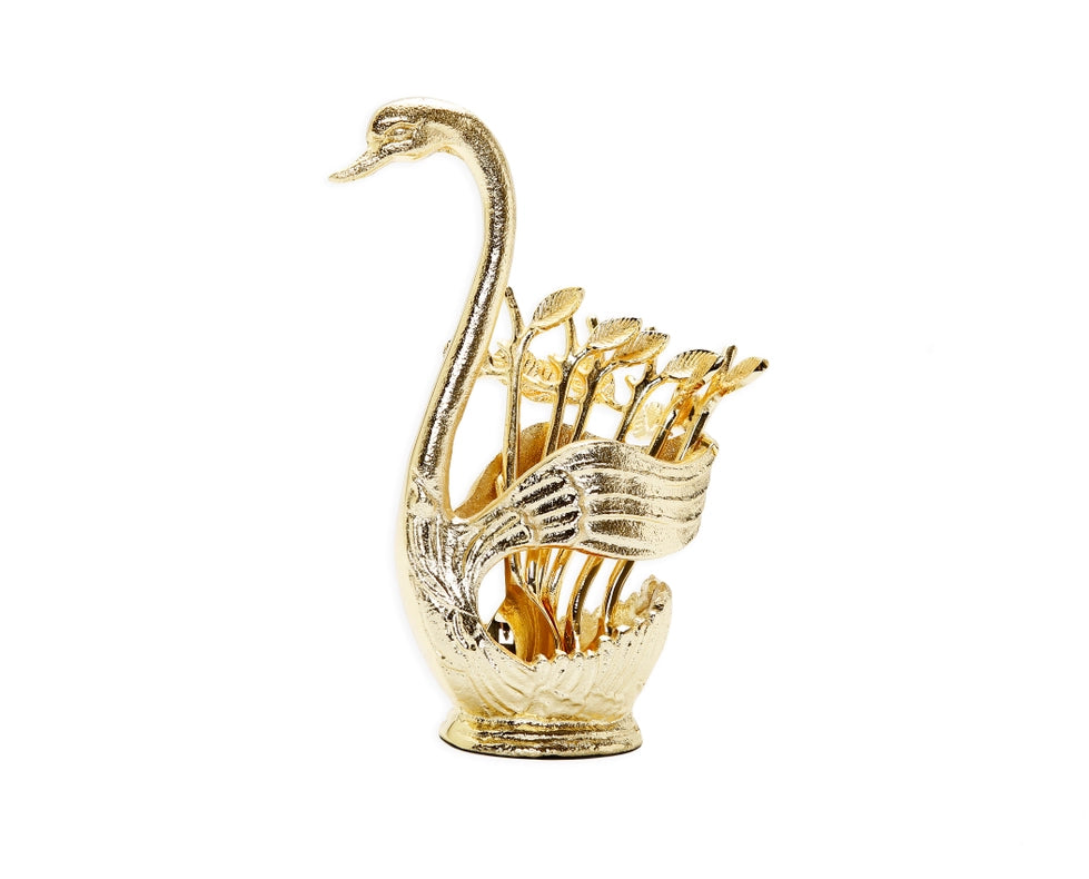 Gold Swan Dessert Spoon Holder With 6 Spoons-Holder-CLASSIC TOUCH DECOR INC.-6"W x 8"H spoons - 5"L-Urbanheer