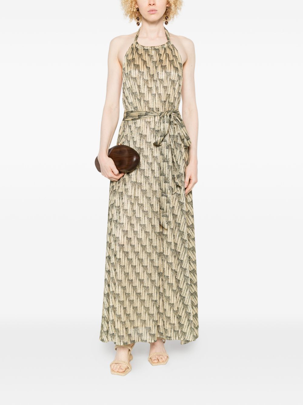 Gold-Tone Halterneck Tie Belt Summer Dress