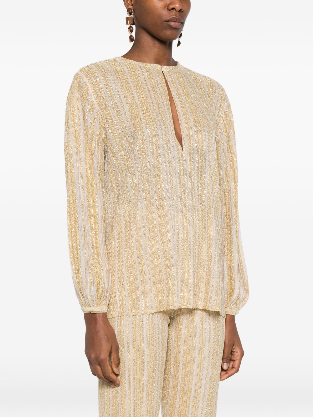 Gold-Tone Striped Breathable Long-Sleeve Blouse for Everyday Comfort