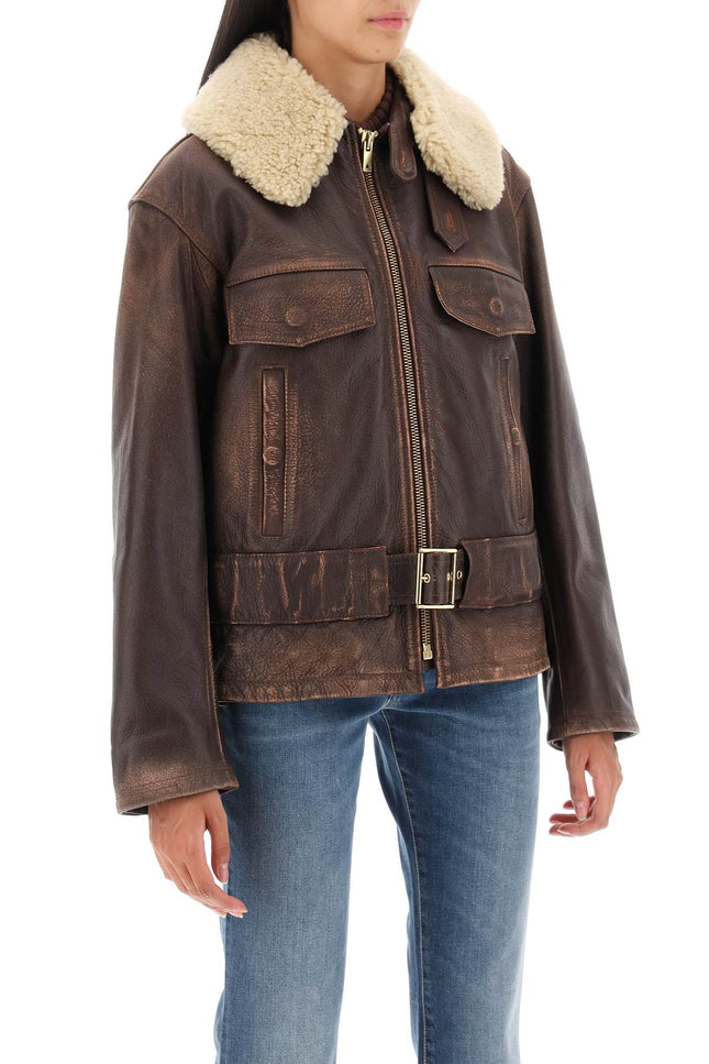 Golden goose 'ilaria' calf-leather biker jacket-women > clothing > outerwear > leather coats-Golden Goose-40-Brown-Urbanheer
