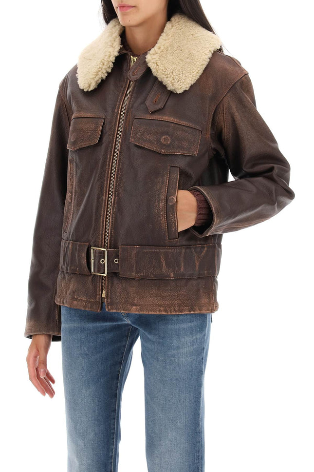 Golden goose 'ilaria' calf-leather biker jacket-women > clothing > outerwear > leather coats-Golden Goose-40-Brown-Urbanheer