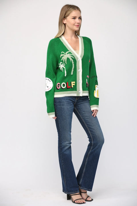 Golf Embroidered Patch Cardigan Green